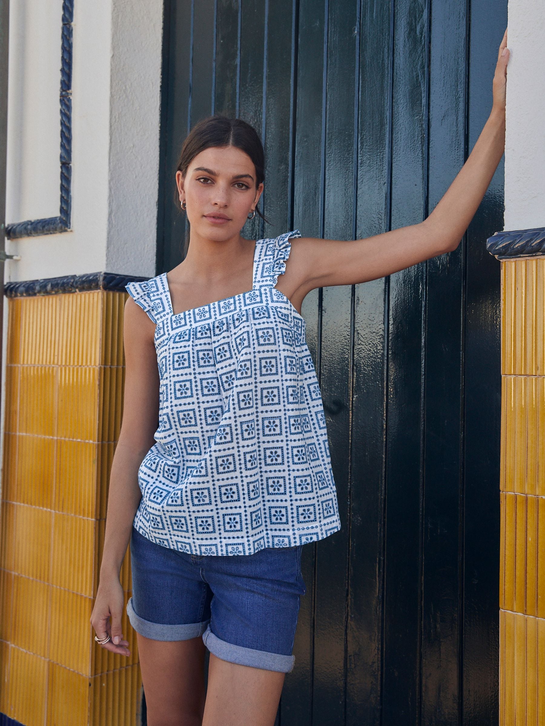 Buy Blue/White Broderie Frill Sleeve Embroidered Cami Top from Next  Luxembourg