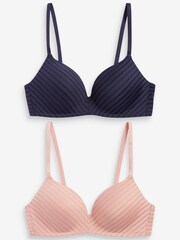 Pink/Navy Blue Pad Non Wire Stripe Smoothing T-Shirt Bras 2 Pack - Image 1 of 3