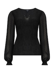 Pour Moi Black Willow Shirred Bodice Chiffon Long Sleeve V-Neck Blouse - Image 3 of 4