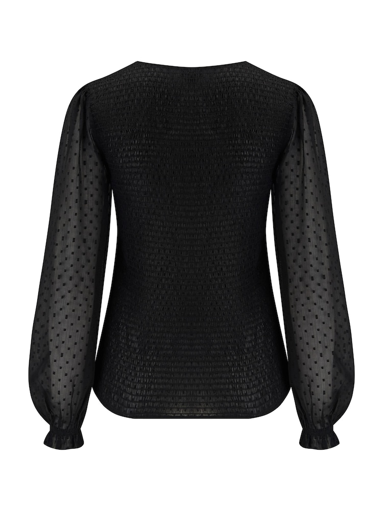 Pour Moi Black Willow Shirred Bodice Chiffon Long Sleeve V-Neck Blouse - Image 4 of 4