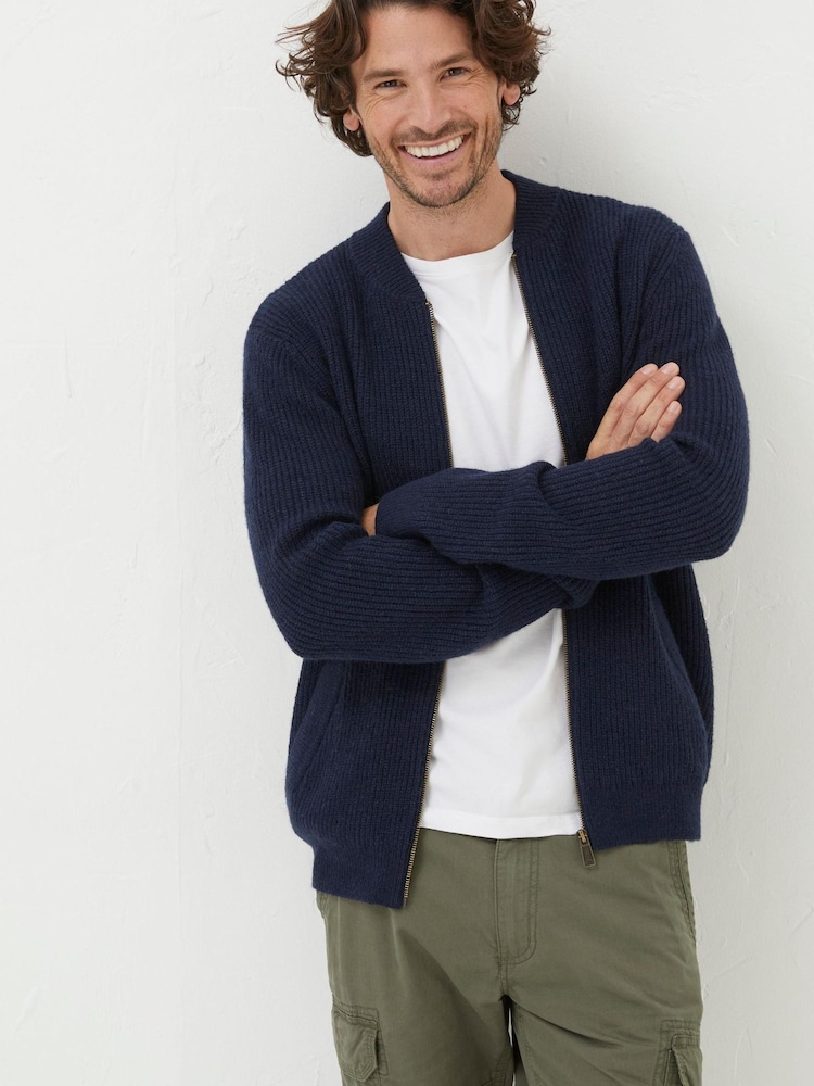 FatFace Blue Brighton Knitted Bomber Cardigan - Image 1 of 5