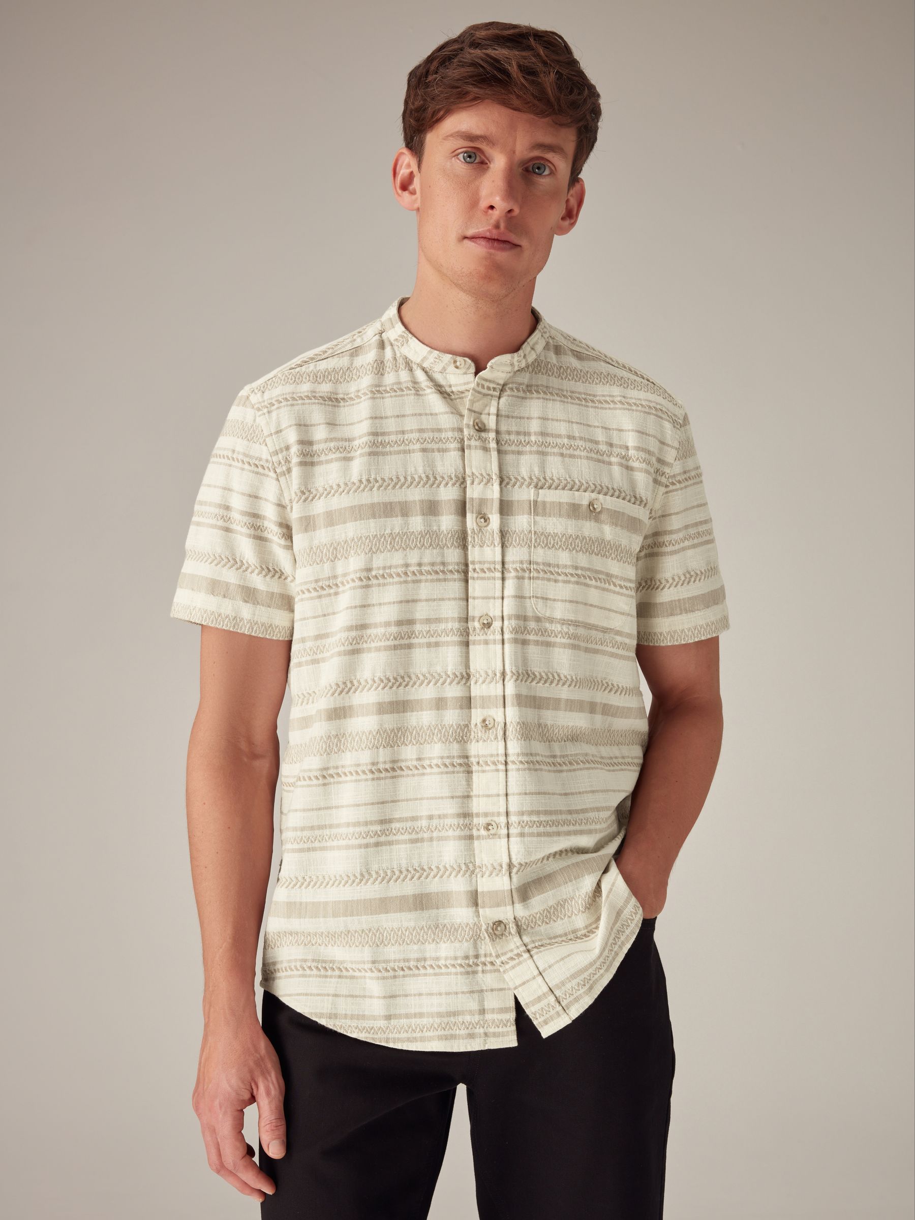 Buy White Textured Horizontal Stripe Grandad Collar Short