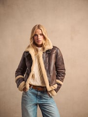 Superdry Brown 100% Cotton Faux Fur Shearling Crop Jacket - Image 1 of 17