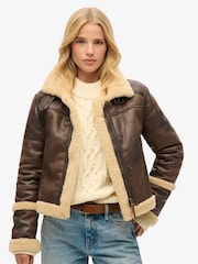 Superdry Brown 100% Cotton Faux Fur Shearling Crop Jacket - Image 12 of 17