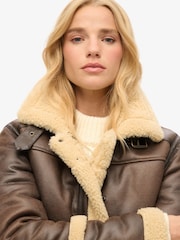 Superdry Brown 100% Cotton Faux Fur Shearling Crop Jacket - Image 13 of 17