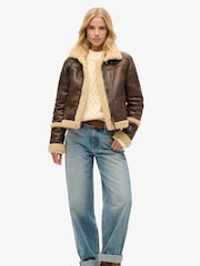 Superdry Brown 100% Cotton Faux Fur Shearling Crop Jacket - Image 14 of 17