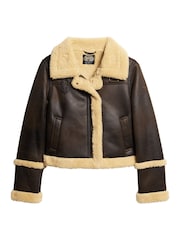 Superdry Brown 100% Cotton Faux Fur Shearling Crop Jacket - Image 15 of 17
