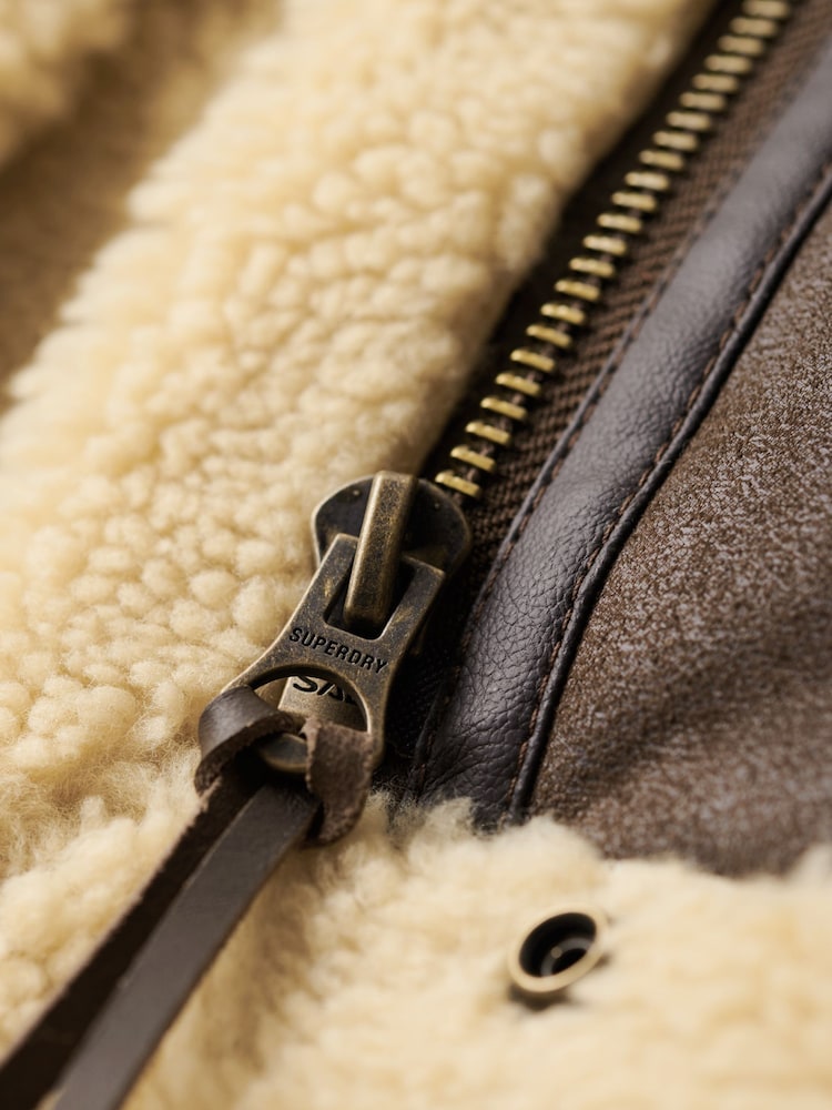 Superdry Brown 100% Cotton Faux Fur Shearling Crop Jacket - Image 17 of 17