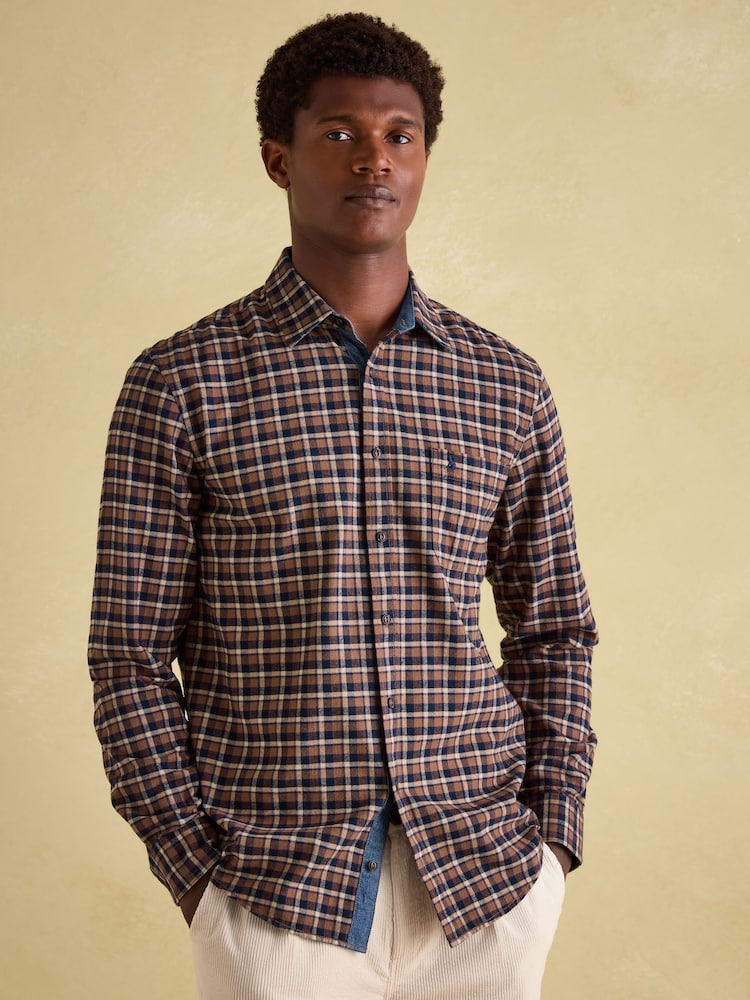Joules Buchanan Brown & Navy Soft Brushed Cotton Check Shirt - Image 2 of 9