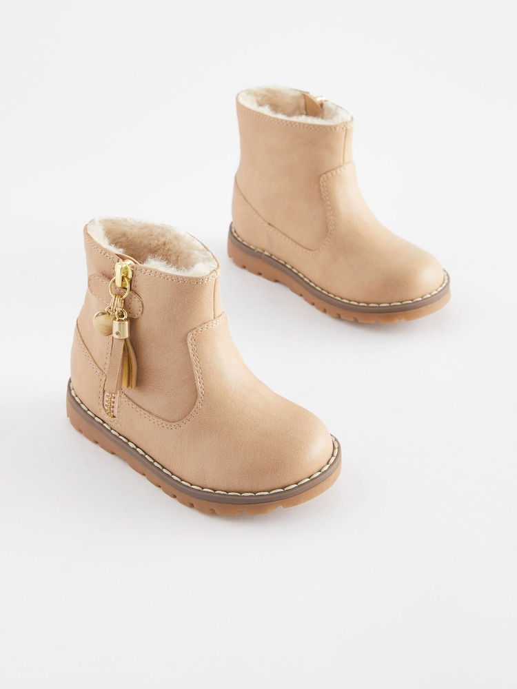 Beige Brown Wide Fit (G) Warm Lined Tassel Detail Zip Boots - Image 1 of 5