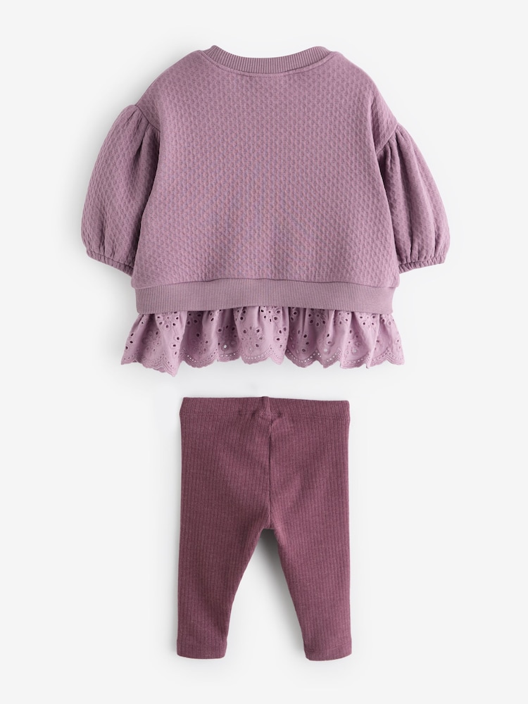Purple Broderie Hem 100% Cotton Leggings Set (3mths-7yrs) - Image 7 of 7