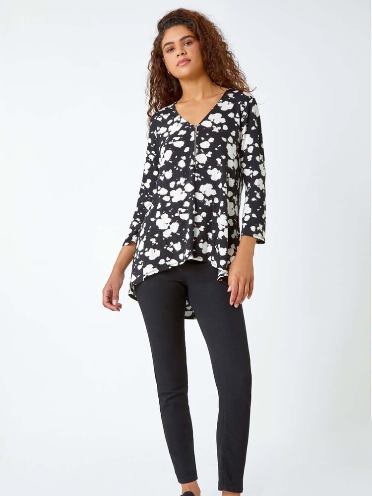 Roman Black Abstract Spot Zip Detail Jersey Top - Image 2 of 5