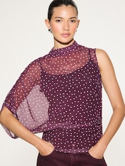 Wine/Pink Spot Short Sleeved Asymmetrical Mesh Top - Image 1 of 8