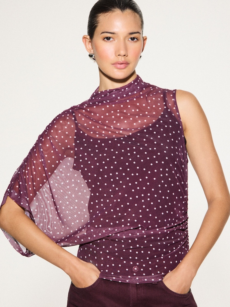 Wine/Pink Spot Short Sleeved Asymmetrical Mesh Top - Image 1 of 8
