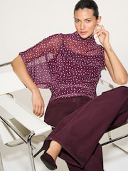 Wine/Pink Spot Short Sleeved Asymmetrical Mesh Top - Image 2 of 8