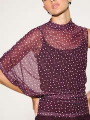 Wine/Pink Spot Short Sleeved Asymmetrical Mesh Top - Image 4 of 8