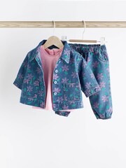 Printed Denim Floral Baby Jacket, Jeans And T-Shirt 3 Piece Set - Image 1 of 9