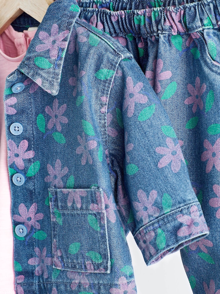 Printed Denim Floral Baby Jacket, Jeans And T-Shirt 3 Piece Set - Image 3 of 9
