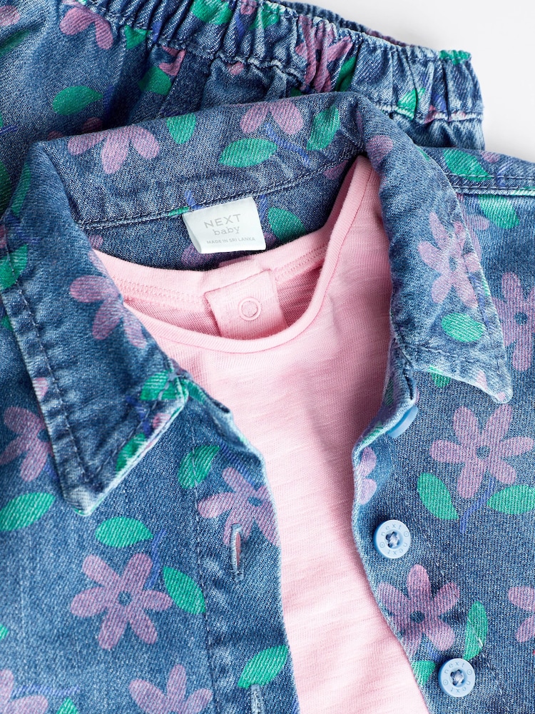 Printed Denim Floral Baby Jacket, Jeans And T-Shirt 3 Piece Set - Image 4 of 9