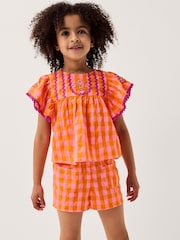 Monsoon Orange Gingham Print Top & Shorts Set - Image 1 of 3