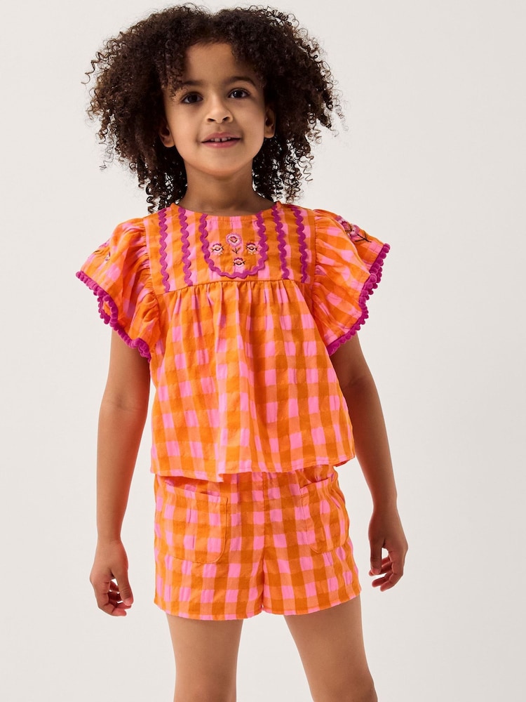 Monsoon Orange Gingham Print Top & Shorts Set - Image 1 of 3 Monsoon Orange Gingham Print Top & Shorts Set - Image 1 of 3