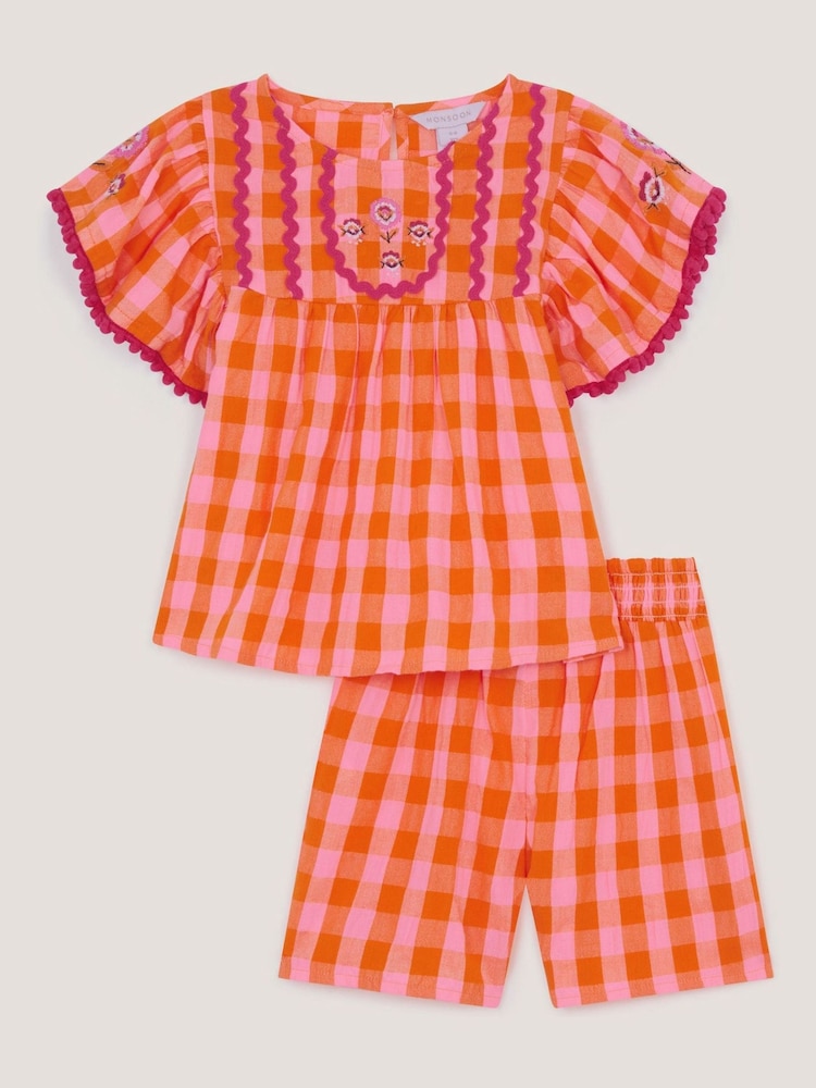 Monsoon Orange Gingham Print Top & Shorts Set - Image 2 of 3 Monsoon Orange Gingham Print Top & Shorts Set - Image 2 of 3
