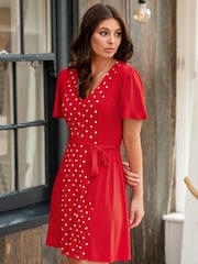 Pour Moi Red Priya Slinky Jersey Panel Short Sleeve Dress - Image 2 of 5