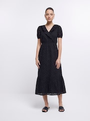 River Island Black Broderie Wrap Mini Dress - Image 1 of 5