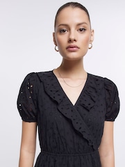 River Island Black Broderie Wrap Mini Dress - Image 4 of 5