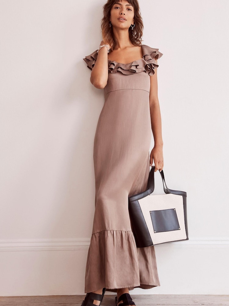 Mint Velvet Brown Satin Frill Maxi Dress - Image 2 of 4