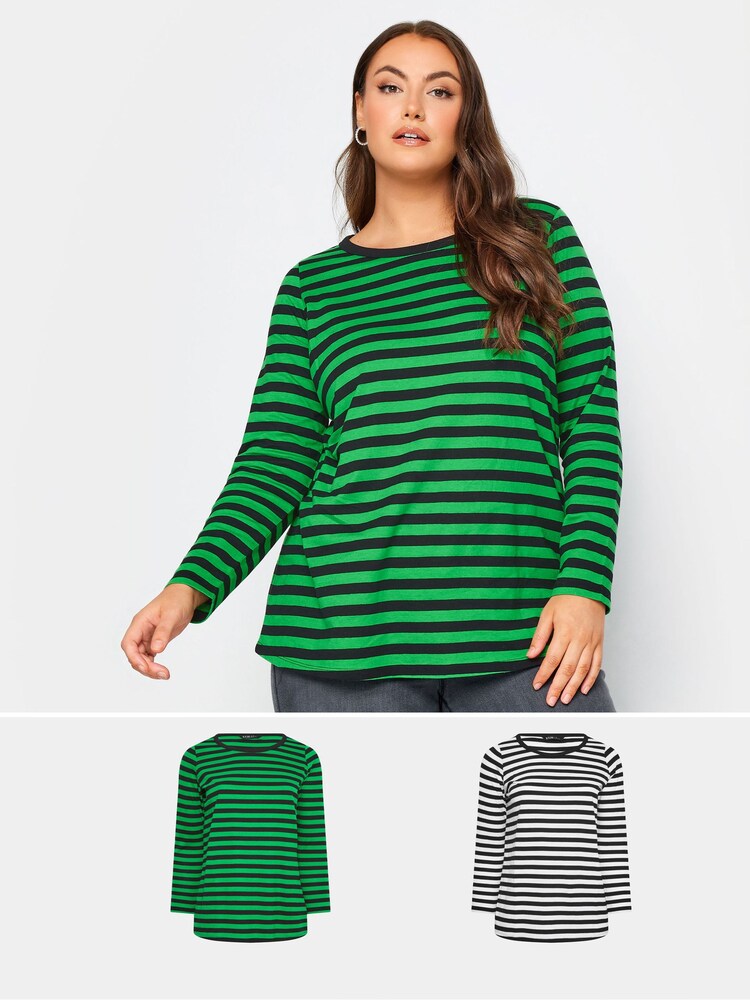 Yours Curve Dark Green Longsleeve Stripe T-Shirts 2 Packs - Image 1 of 5