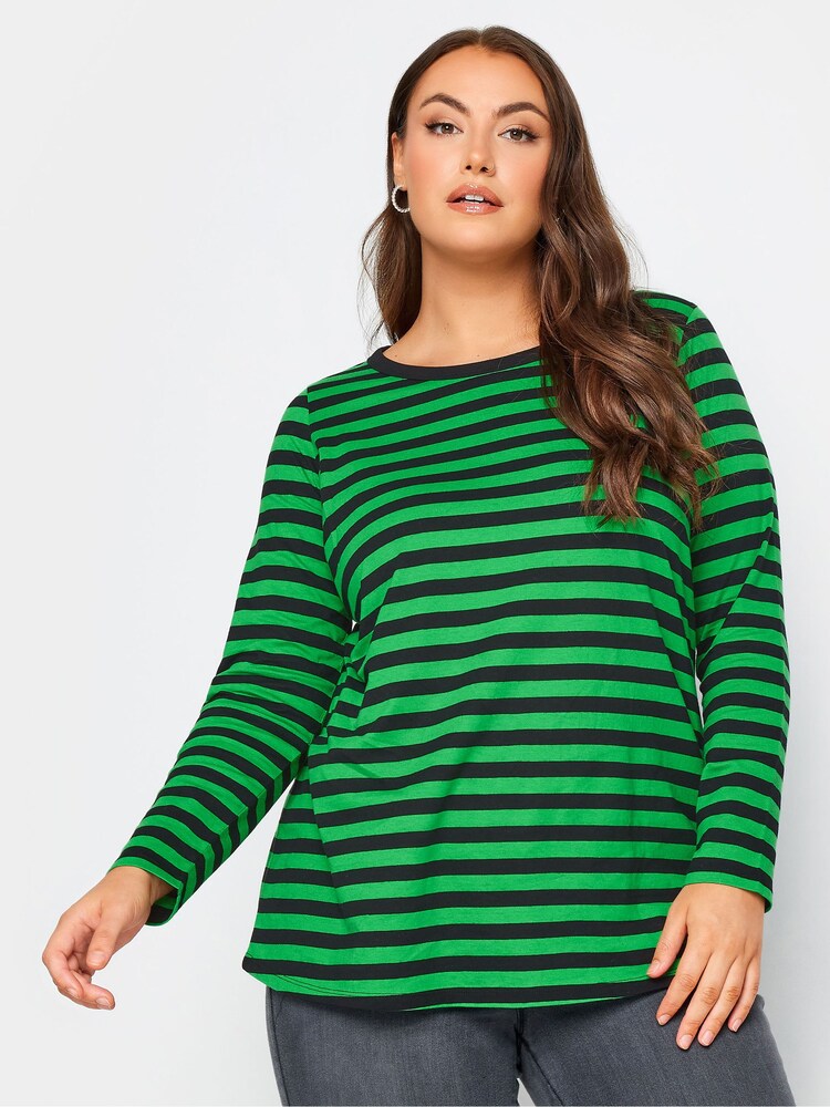 Yours Curve Dark Green Longsleeve Stripe T-Shirts 2 Packs - Image 2 of 5