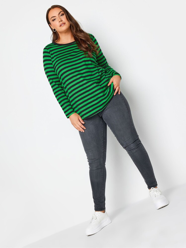 Yours Curve Dark Green Longsleeve Stripe T-Shirts 2 Packs - Image 4 of 5