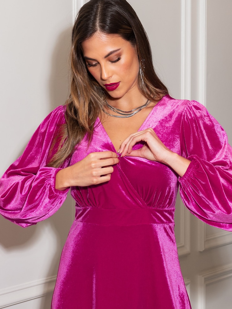 Pour Moi Pink Charlotte Tie Back Stretch Velvet Long Sleeve Midi Dress - Image 2 of 4