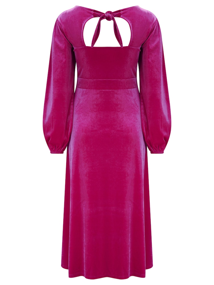Pour Moi Pink Charlotte Tie Back Stretch Velvet Long Sleeve Midi Dress - Image 4 of 4