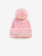 Peach Pink Chunky Rib Pom Pom Beanie Hat (3mths-16yrs) - Image 1 of 2