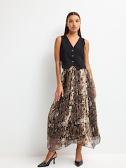 Green Animal Snake Print Pleated Chiffon Midi Skirt - Image 1 of 6