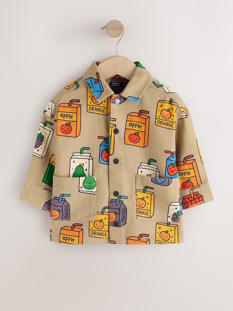 Tan Brown All Over Print Juice Box Twill Printed Overshirt (3mths-7yrs) - Image 1 of 4 Tan Brown All Over Print Juice Box Twill Printed Overshirt (3mths-7yrs) - Image 1 of 4