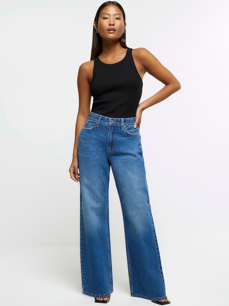 River Island Blue Petite Denim Medium 90's Mid Rise Straight 100% Cotton Jeans - Image 1 of 4