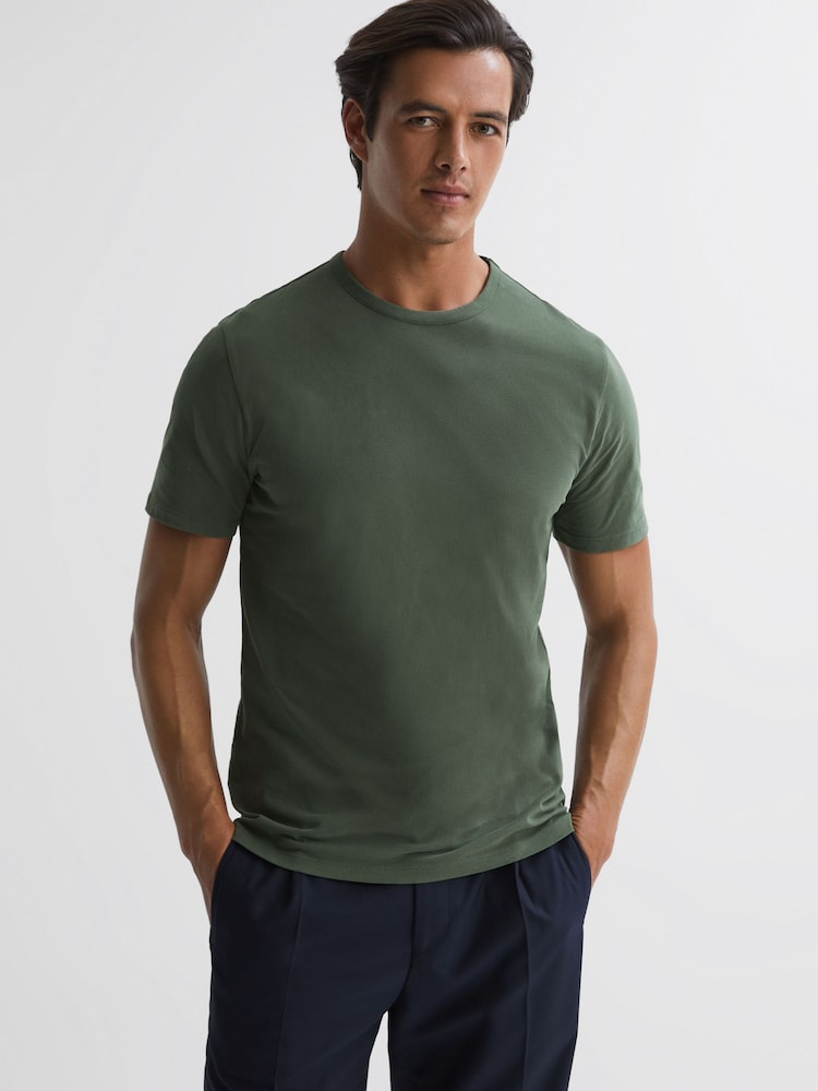 Reiss Ivy Green Melrose Cotton Crew Neck T-Shirt - Image 1 of 5 Reiss Ivy Green Melrose Cotton Crew Neck T-Shirt - Image 1 of 5