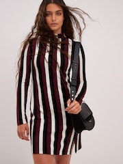 Black Red Stripe High Neck Long Sleeve Mini Dress - Image 1 of 6
