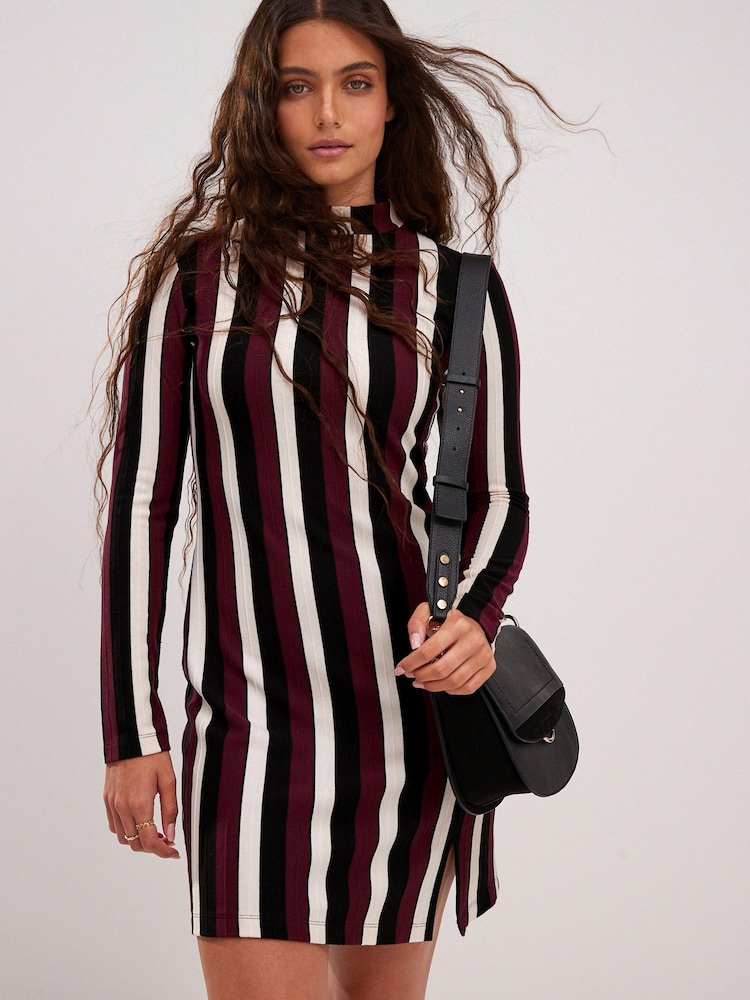 Black Red Stripe High Neck Long Sleeve Mini Dress - Image 1 of 6