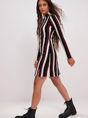 Black Red Stripe High Neck Long Sleeve Mini Dress - Image 2 of 6