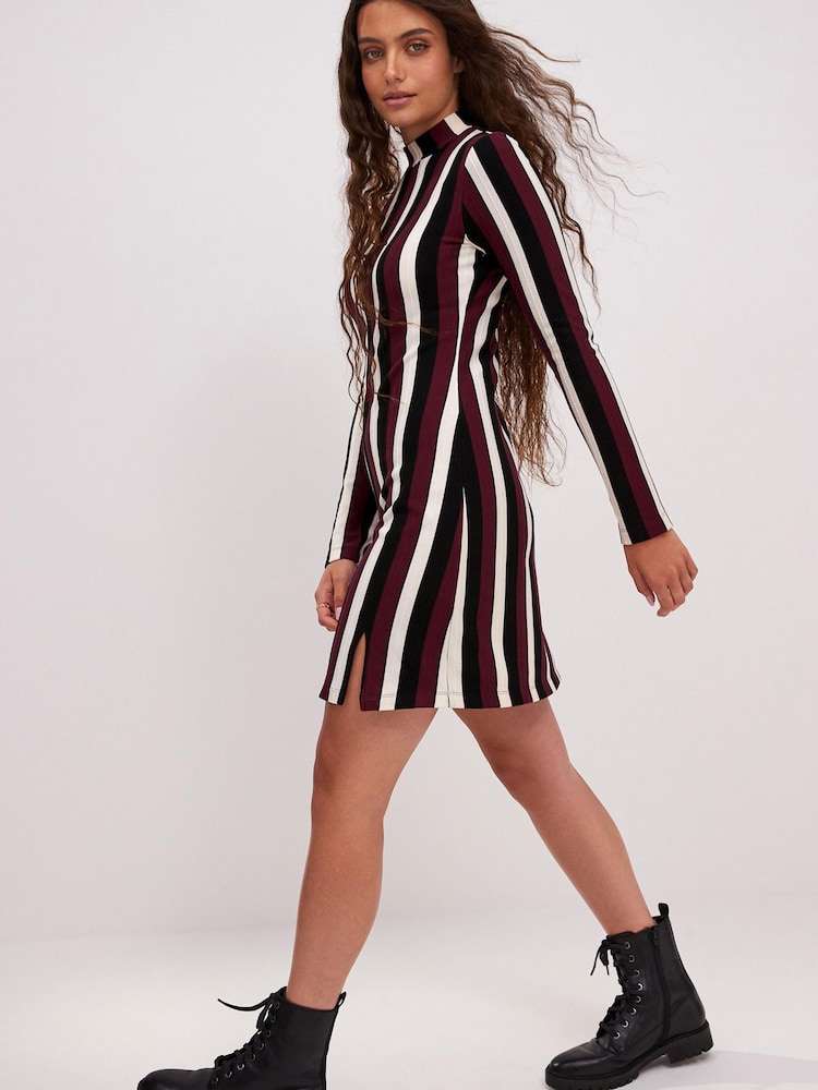 Black Red Stripe High Neck Long Sleeve Mini Dress - Image 2 of 6