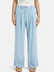 Smith & Soul Blue Wide Leg Lyocell Trousers with Hem Embroidery Detail - Image 1 of 5