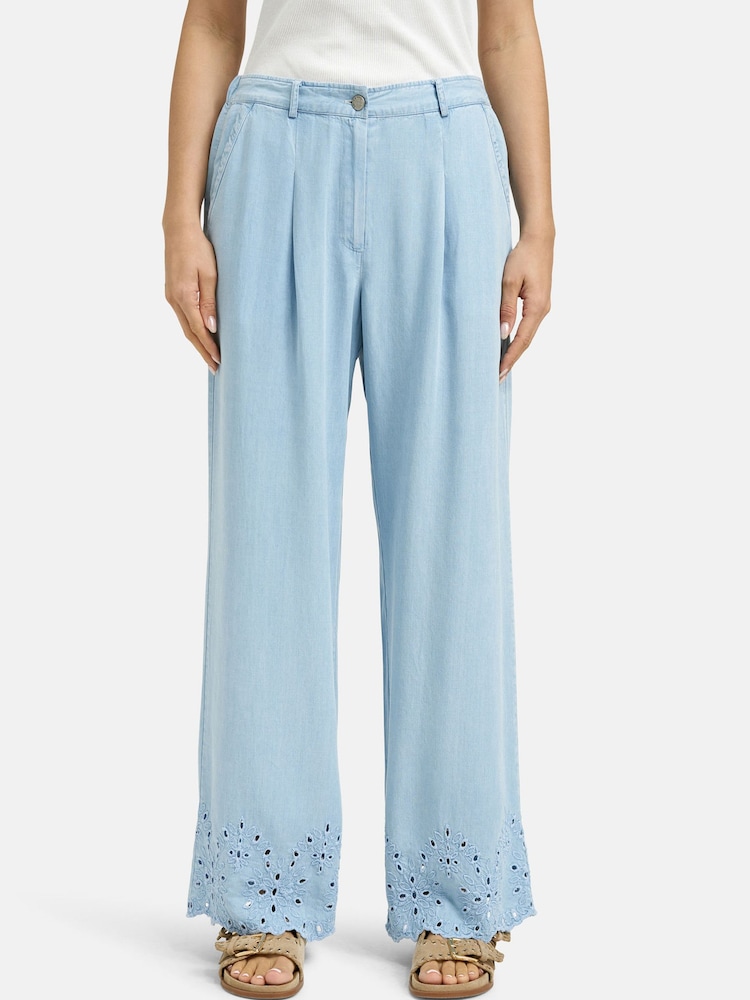 Smith & Soul Blue Wide Leg Lyocell Trousers with Hem Embroidery Detail - Image 1 of 5