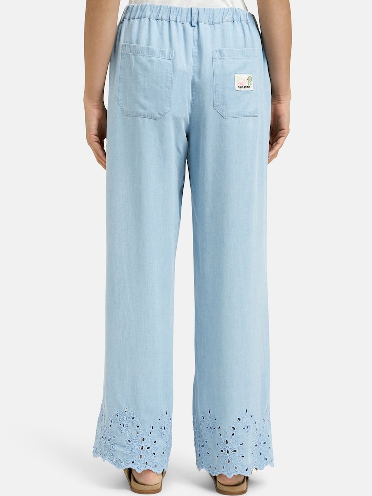 Smith & Soul Blue Wide Leg Lyocell Trousers with Hem Embroidery Detail - Image 2 of 5
