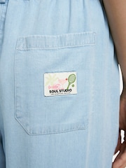 Smith & Soul Blue Wide Leg Lyocell Trousers with Hem Embroidery Detail - Image 5 of 5