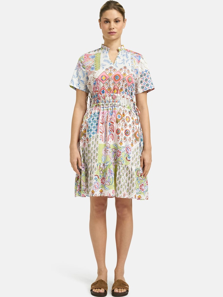 Smith & Soul Cream Boho Patchwork Print Midi Dress with Short Sleeves and Ruffle Hem - Image 1 of 6