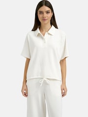 Smith & Soul White Oversize Scuba Polo Shirt with Floral Beaded Sleeve Detail - Image 1 of 6